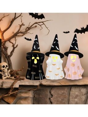 Halloween Ceramic Light Up Ghosts with Witch Hats